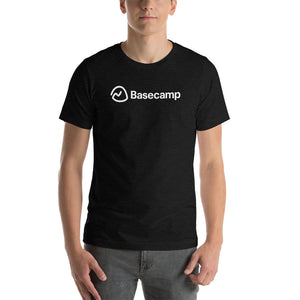 a man wearing a black tee with the Basecamp logo on it