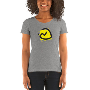 a woman wearing a grey tee with the Basecamp logo on it